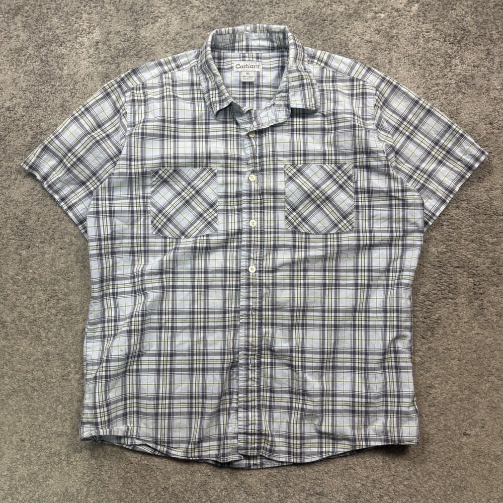 Carhartt Short Sleeve Plaid Button Down Shirt Blue Grey XL Workwear